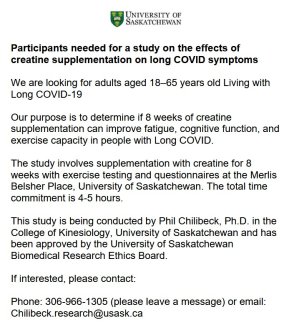 University of Saskatchewan participants needed for a study on the effects of creatine suppliementation on long COVID symptoms